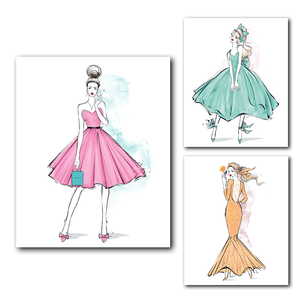 Übersicht Fashion-Illustration-Druck junger Frauen in hübschen Kleidern mit Aquarell-Element.