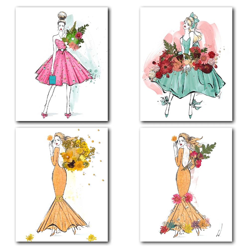 Übersicht Fashion-Illustration-Druck junger Frauen in hübschen Kleidern mit Aquarell-Schmuck- und Blüten-Elementen.