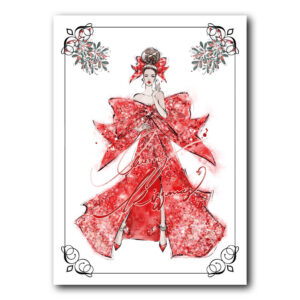 Postkarte mit weihnachtlichem Motiv einer Frau in einem roten Schleifen-Kleid.