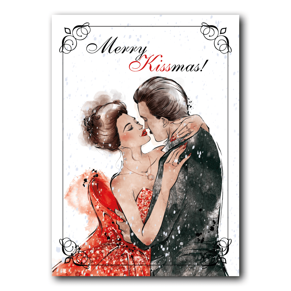 Postkarte mit weihnachtlicher Pärchen-Illustration eines eng umschlungenen Pärchens.