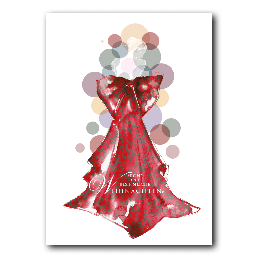 Postkarte mit weihnachtlicher Illustration einer Frau in Rückenansicht mit einem roten Schleifen-Kleid.