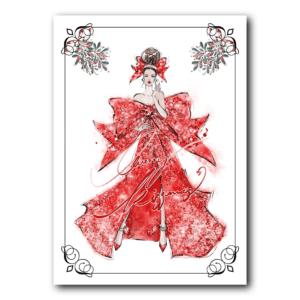 Postkarte mit weihnachtlicher Illustration einer Frau in einem roten Schleifen-Kleid.